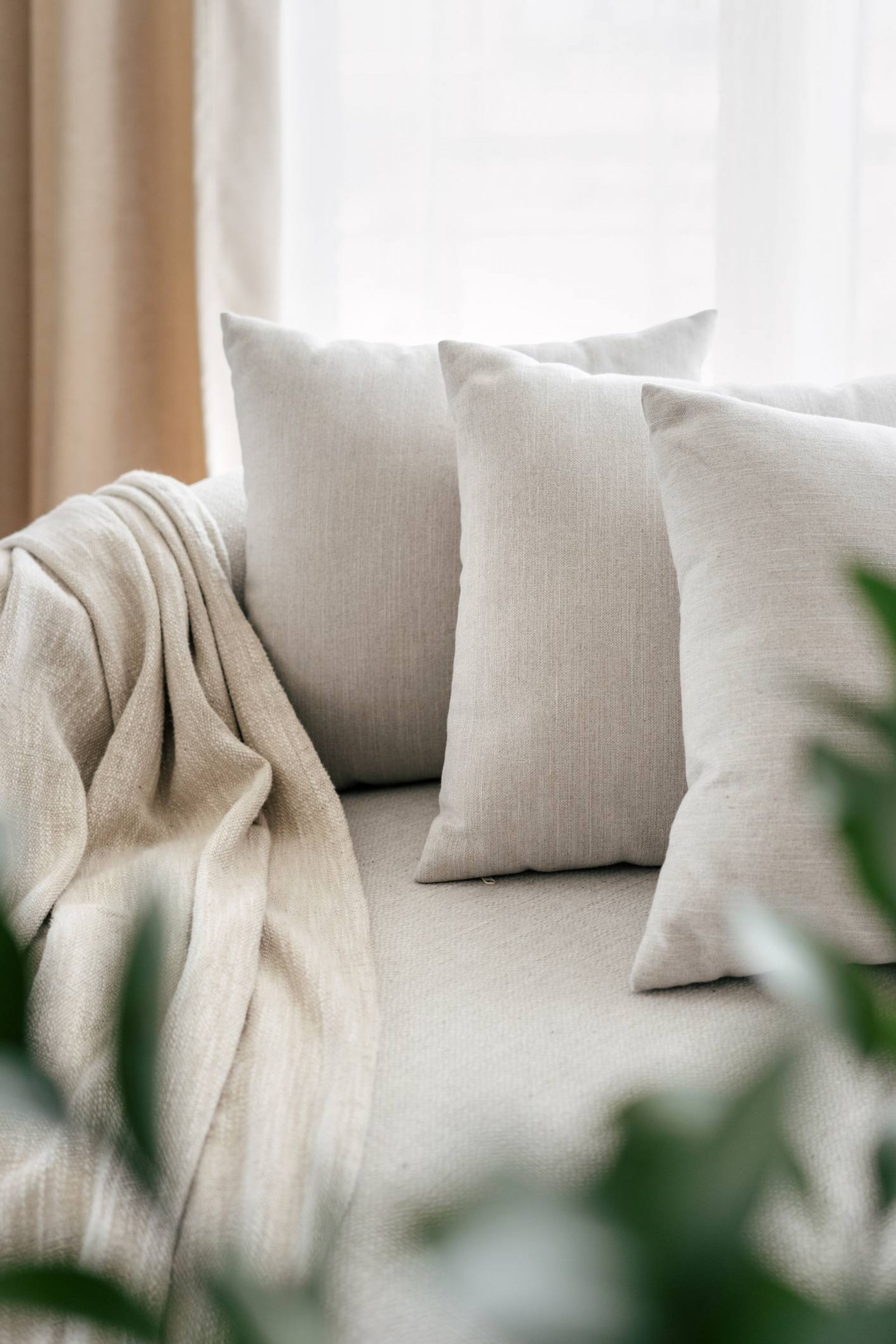 Beige couch with two cream pillows and a soft blanket, near a window with sheer curtains and green plants in the foreground.