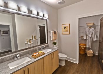 Modern bathroom with double sinks, large mirror, walk-in closet, and wooden floor at The Fieldhouse Apartments.
